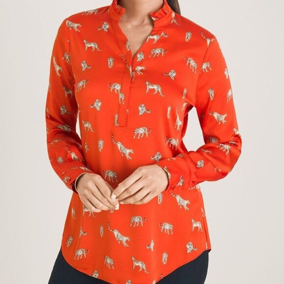 Nwot Leopard-Print Ruffle-Neck Long Sleeve Blouse-Reddish Orange-1P/8 - Picture 1 of 16